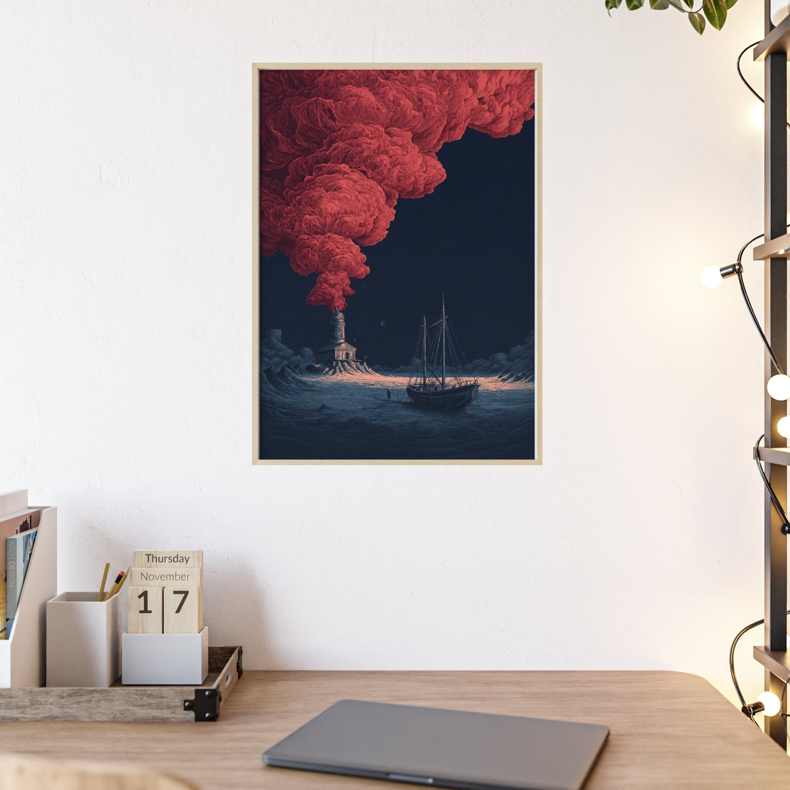Framed Lighthouse Poster — Moody Seascape Art Print with Red Smoke - Image 1