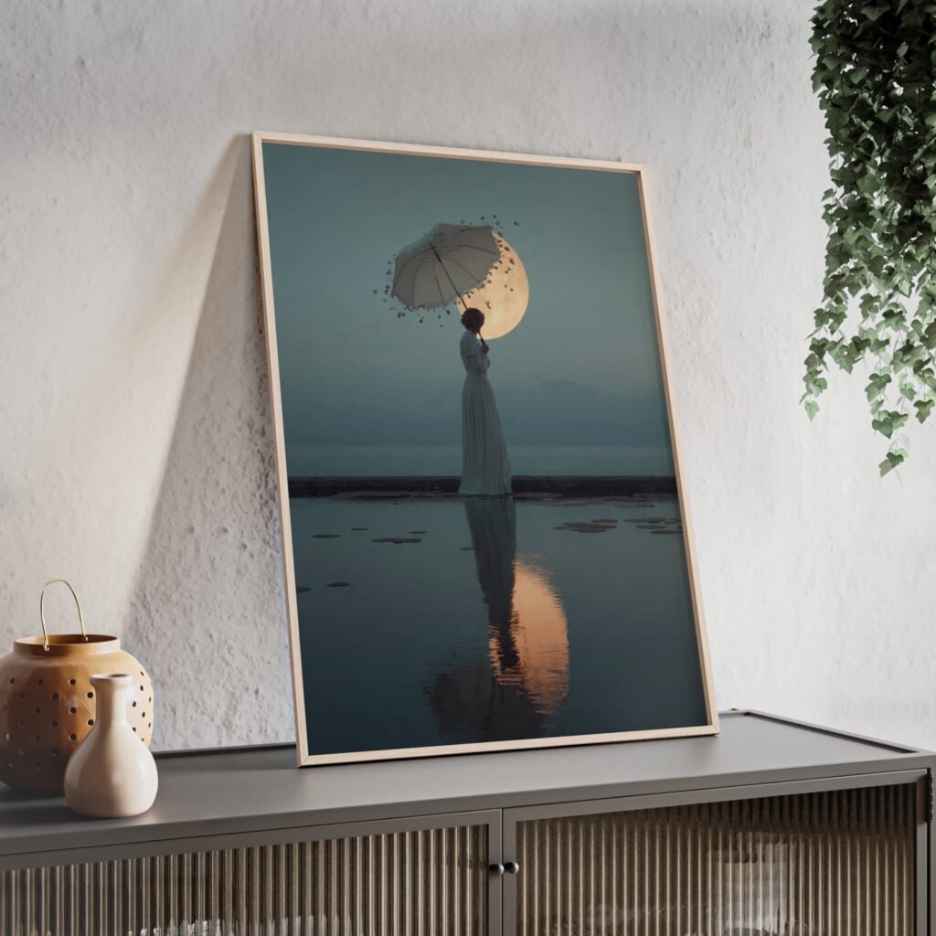 Surreal Moonlit Poster with Wooden Frame — Dreamy Woman & Umbrella Wall Art
