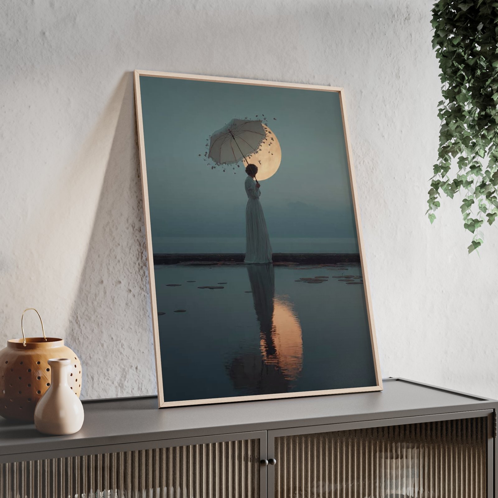 Surreal Moonlit Poster with Wooden Frame — Dreamy Woman & Umbrella Wall Art - Image 2
