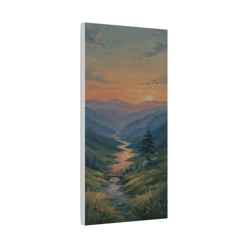 Stretched Matte Canvas Wall Art — Serene Mountain River Sunset Landscape