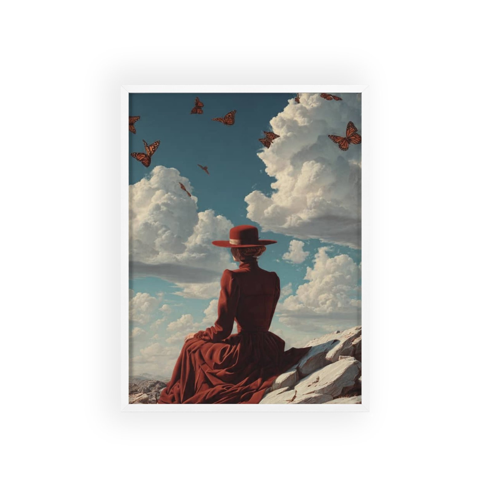 Framed Art Print — Woman in Red Hat with Butterflies, Vintage Sky Poster - Image 3
