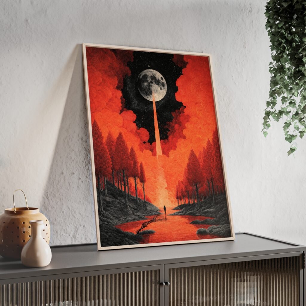 Framed Moonfall Art Poster — Surreal Red Forest Wall Art