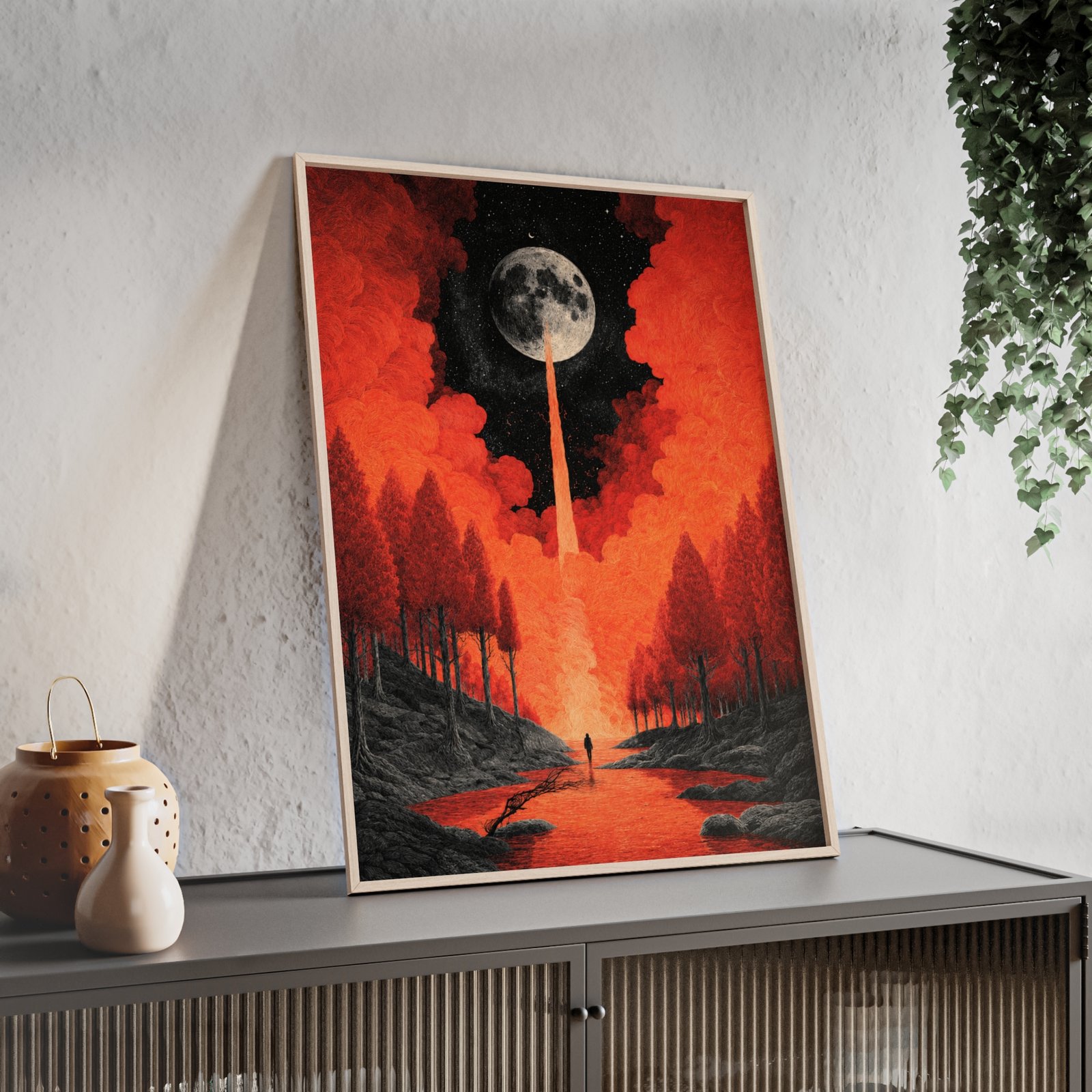 Framed Moonfall Art Poster — Surreal Red Forest Wall Art - Image 3