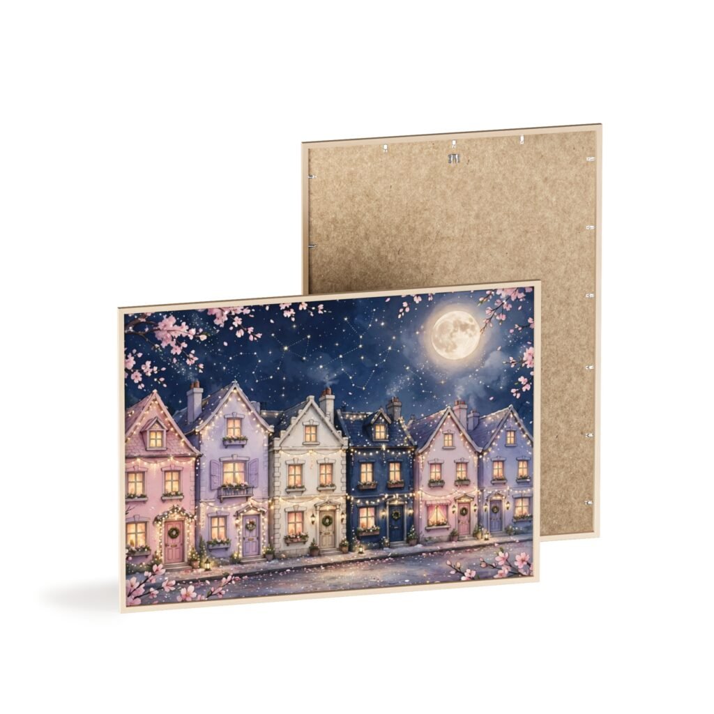 Framed Moonlit Cottage Street Poster — Wooden Frame Wall Art