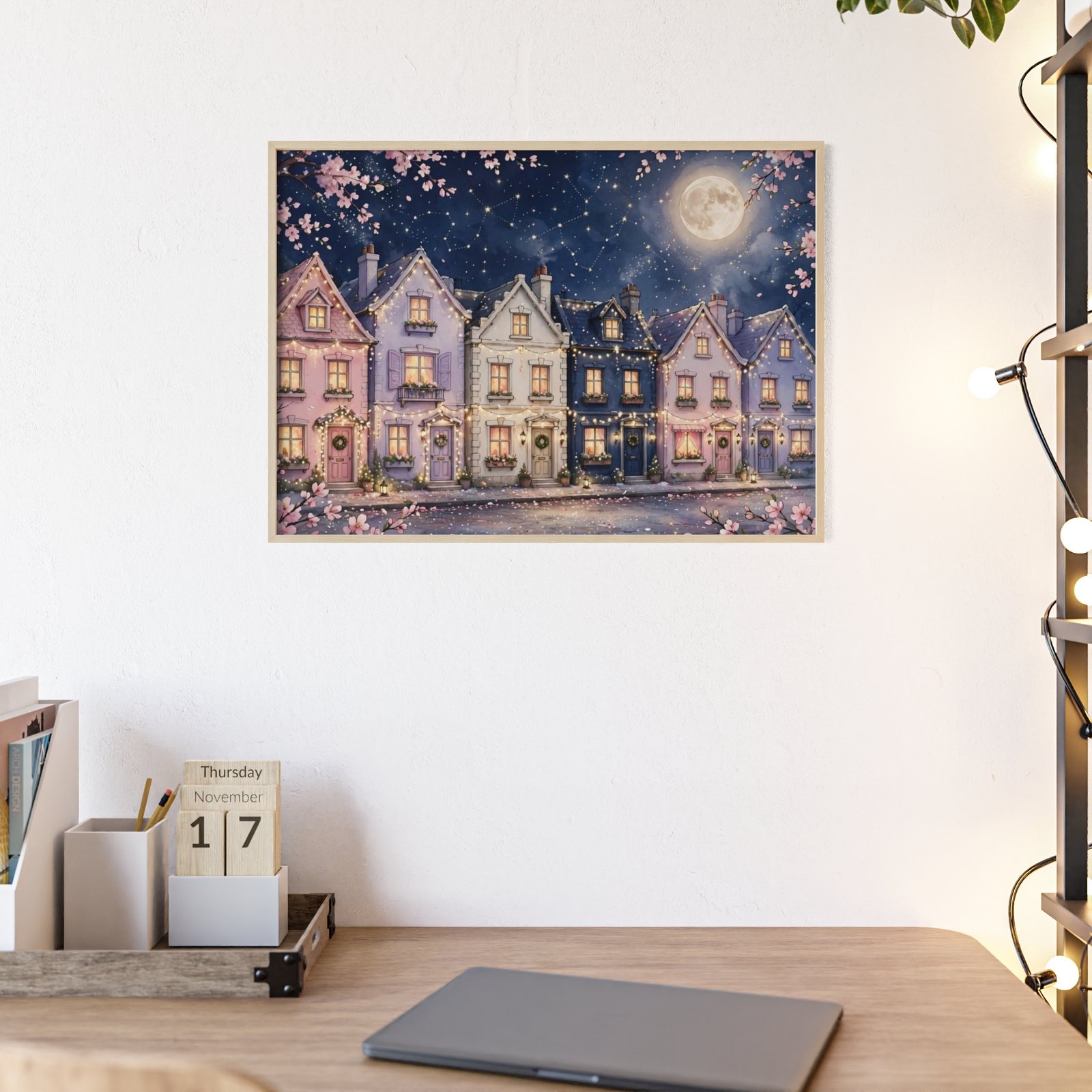 Framed Moonlit Cottage Street Poster — Wooden Frame Wall Art - Image 2