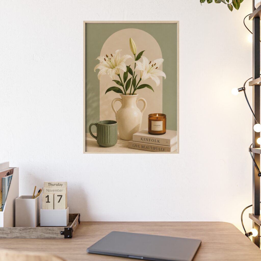 Framed Lily Still Life Poster – Vintage Vase & Candle Wall Art