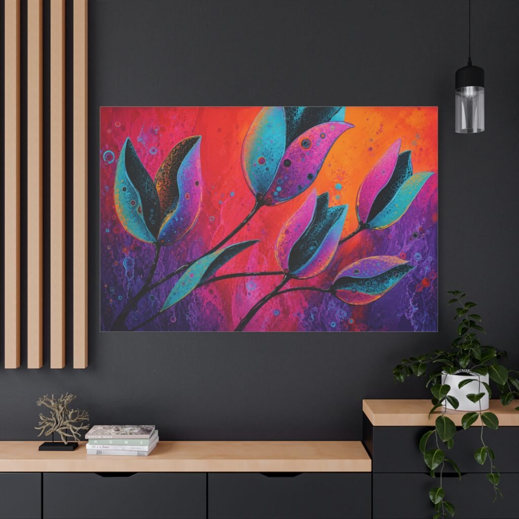 Abstract Floral Canvas Print — Vibrant Teal & Fuchsia Leaves on Sunset Background