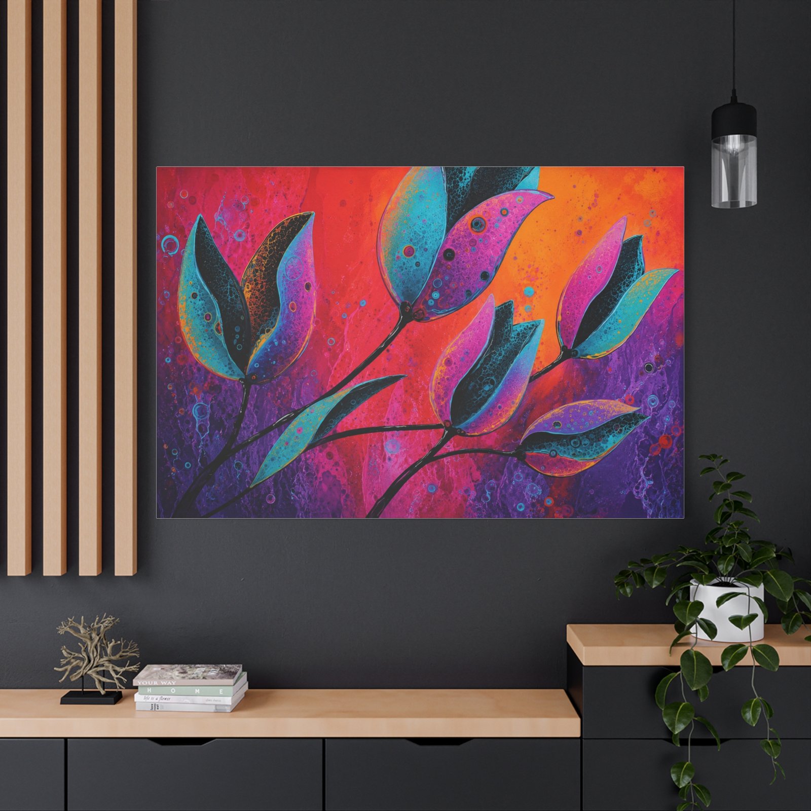 Abstract Floral Canvas Print — Vibrant Teal & Fuchsia Leaves on Sunset Background - Image 4
