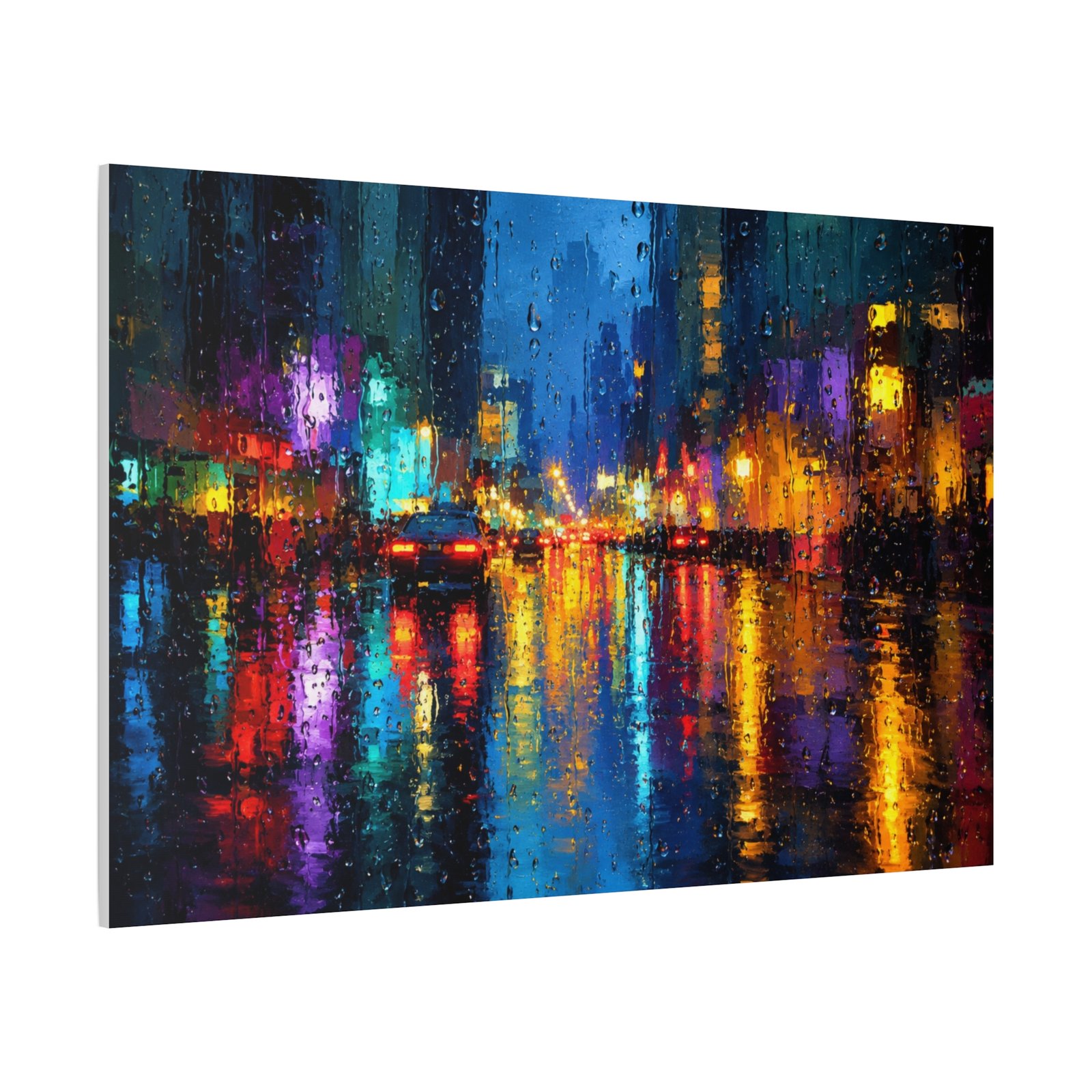 City Nightscape Matte Canvas Print - Colorful Rainy Street Reflection, Stretched 1.25" - Image 2