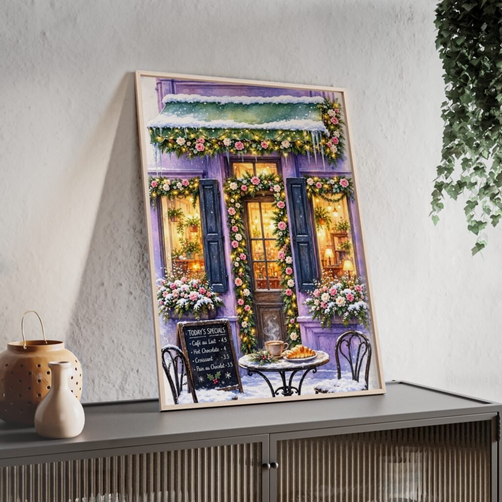 Winter Café Framed Poster — Cozy Snowy Bistro Wall Art
