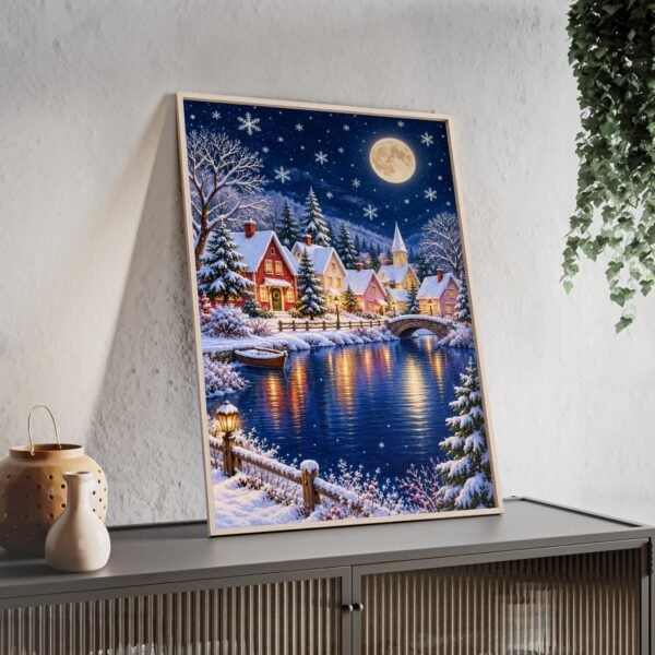 Framed Winter Village Poster – Moonlit Snowy Town Wall Art - Image 3