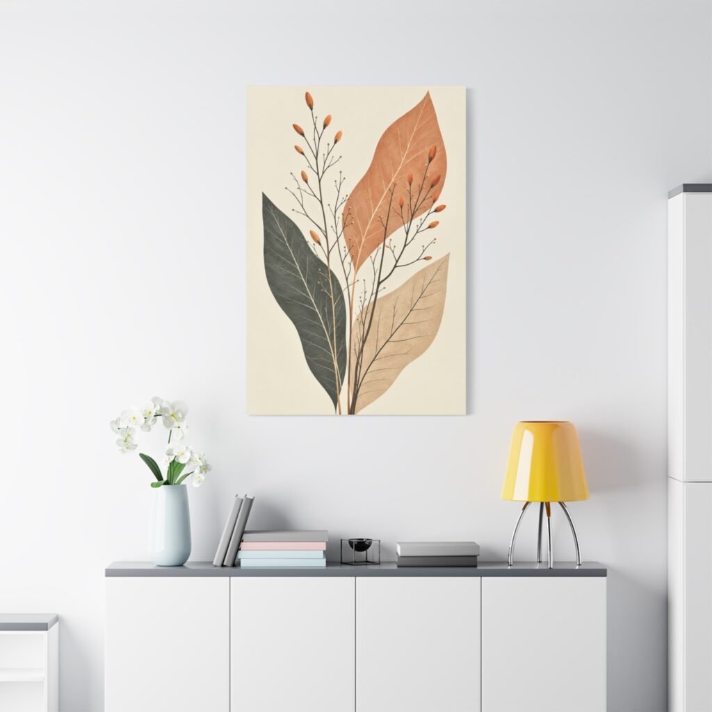 Botanical Minimalist Canvas Wall Art — Earth Tone Leaf Print (Matte Stretched)