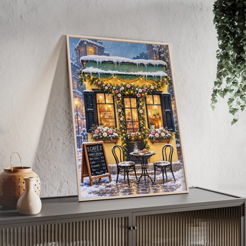 Winter Café Poster with Wooden Frame — Cozy Snowy Street Wall Art