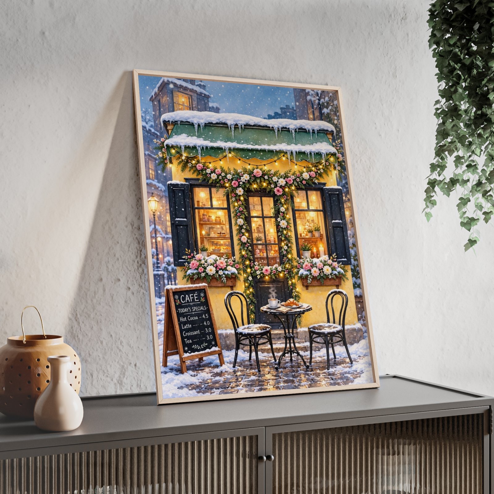 Winter Café Poster with Wooden Frame — Cozy Snowy Street Wall Art - Image 3