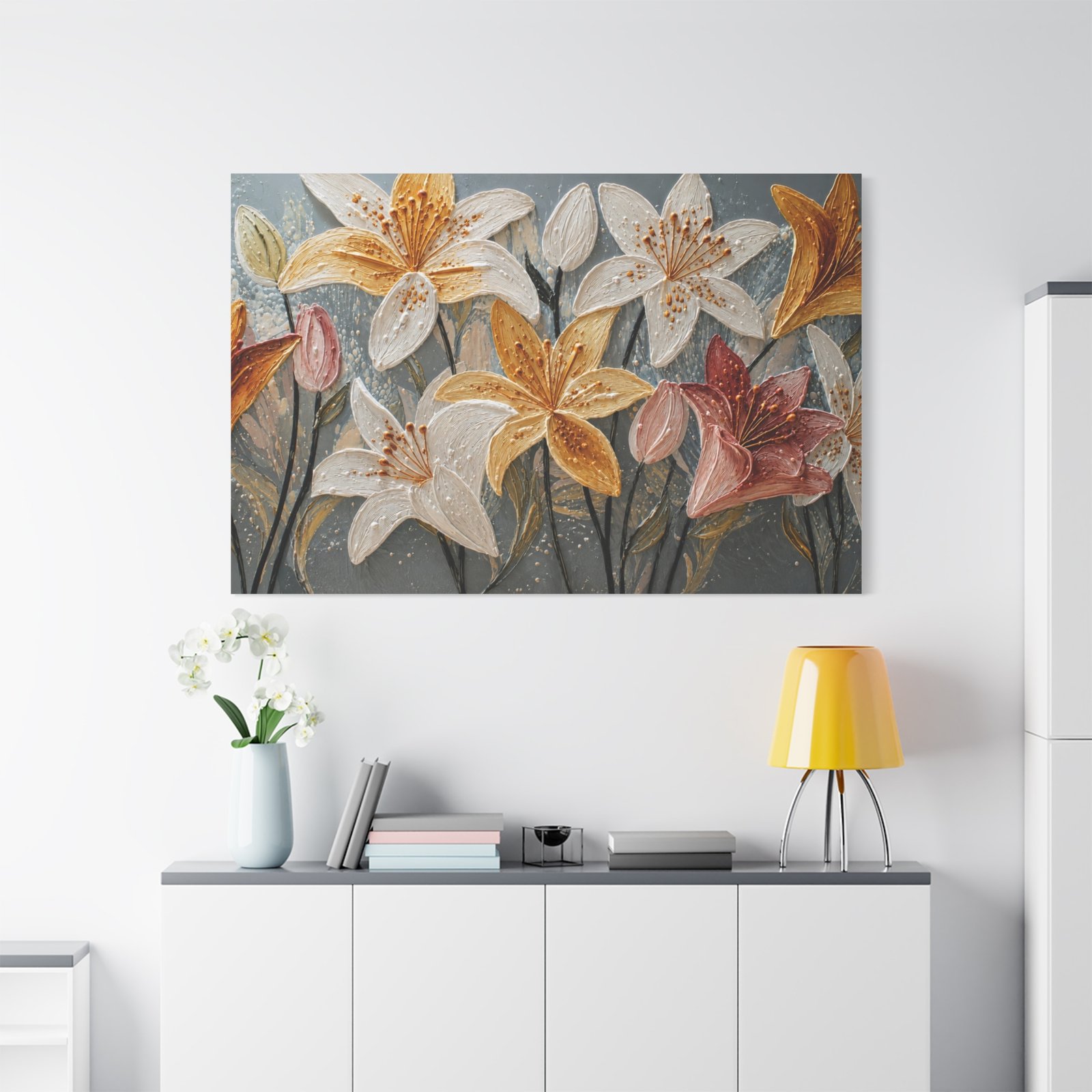 Lily Bouquet Matte Stretched Canvas Wall Art — Yellow & Pink Floral Painting - Image 1