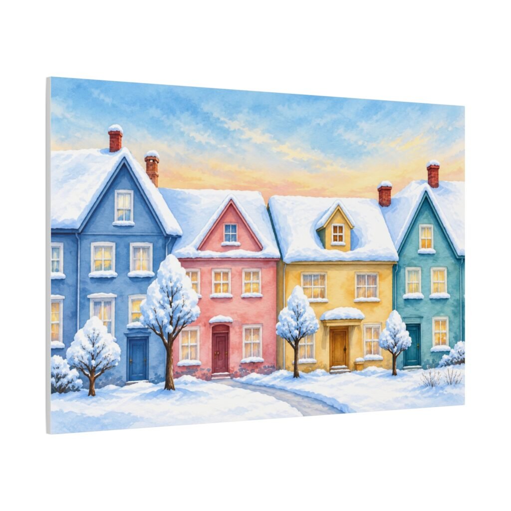 Winter Cottage Row Matte Canvas Wall Art — Stretched 1.25"