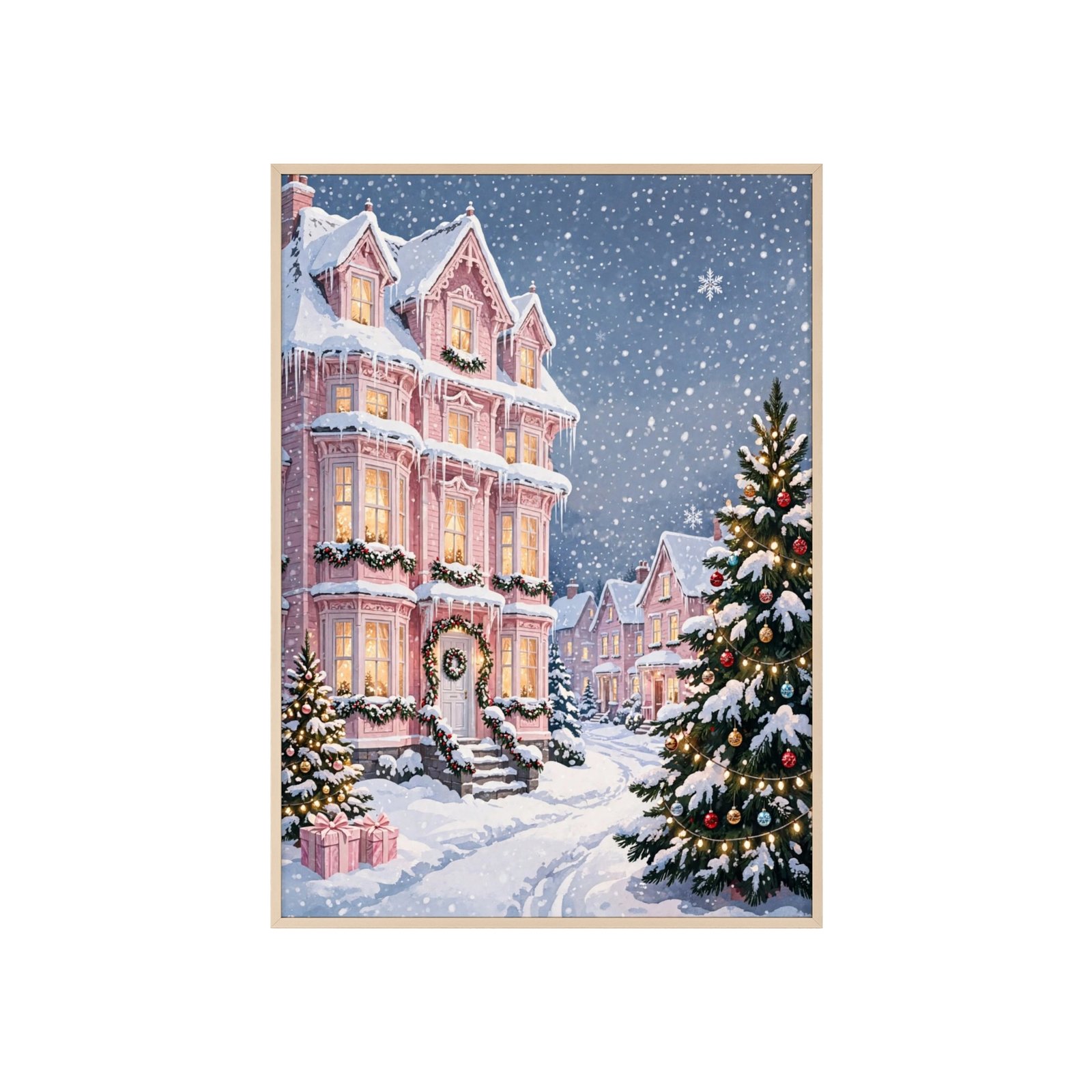 Christmas Snowy Victorian Street Poster with Wooden Frame - Image 1