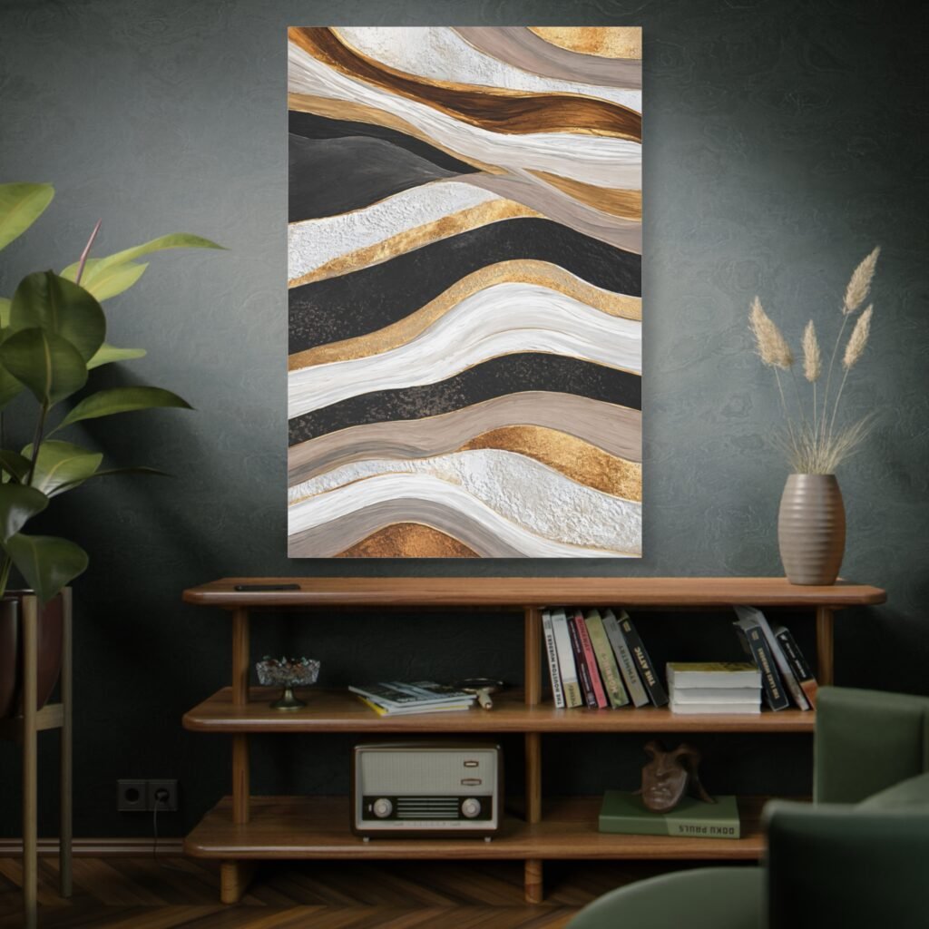 Abstract Gold & Black Wave Matte Canvas Art – Stretched 1.25"