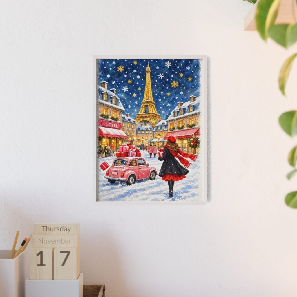 Paris Winter Holiday Poster with Wooden Frame — Eiffel Tower Christmas Street Scene
