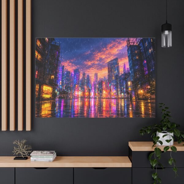 City Lights Rainy Night Matte Canvas Print — Vibrant Neon Urban Skyline Wall Art - Image 4