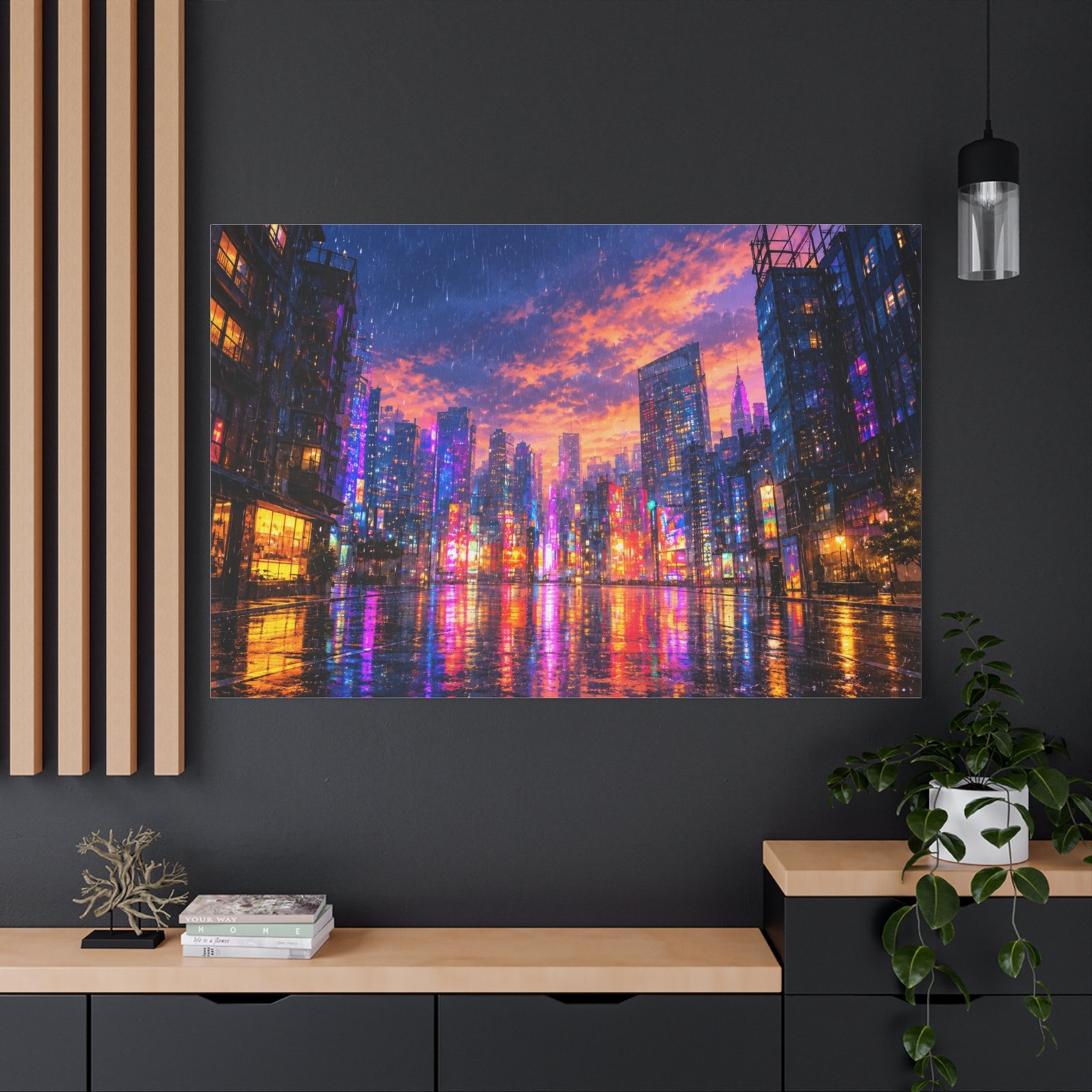 City Lights Rainy Night Matte Canvas Print — Vibrant Neon Urban Skyline Wall Art - Image 4