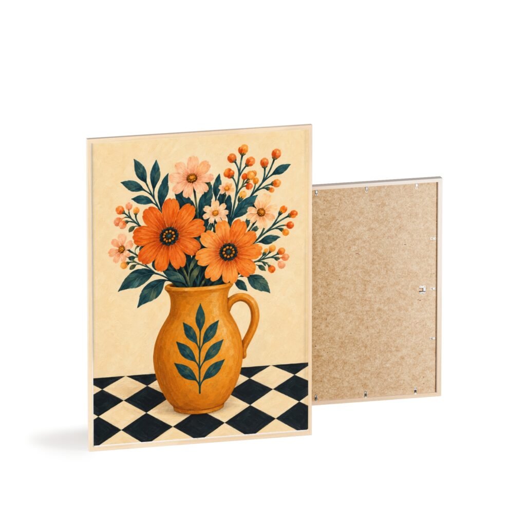 Rustic Sunflower Vase Poster with Wooden Frame — Cottagecore Floral Wall Art