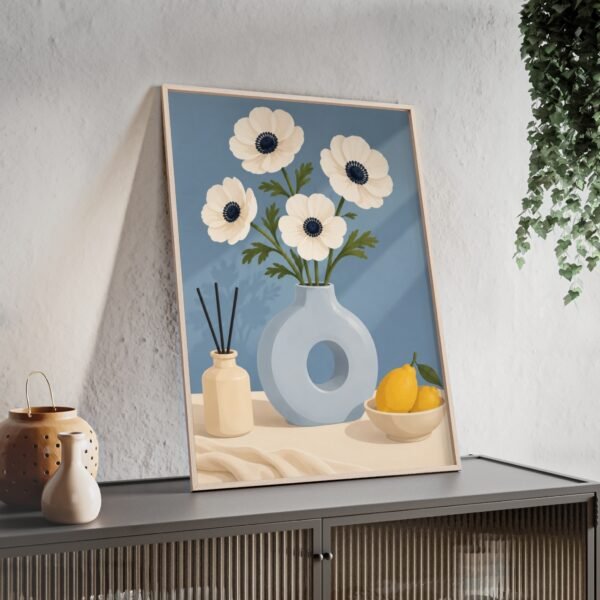 Framed Botanical Poster — White Anemone Vase Wall Art (Wooden Frame) - Image 2