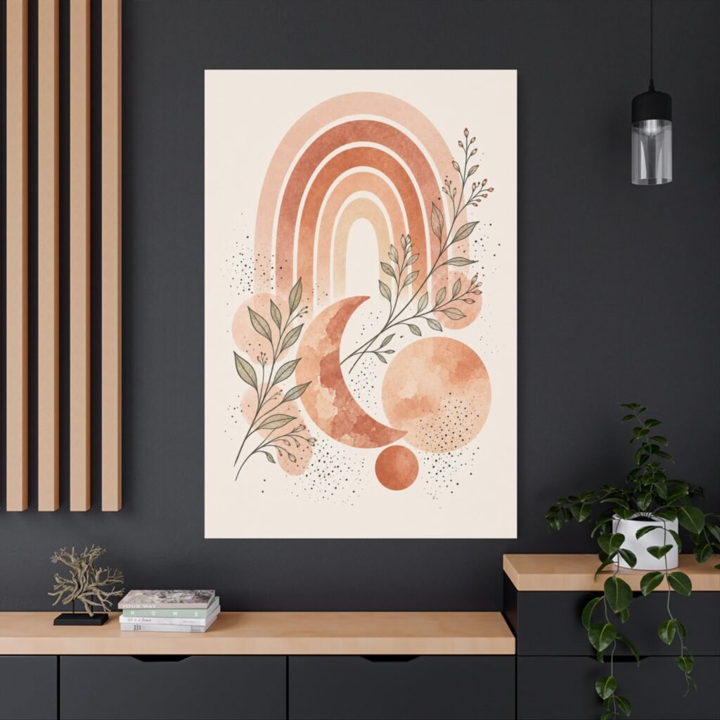 Boho Moon & Rainbow Canvas Wall Art — Earthy Botanical Nursery Decor