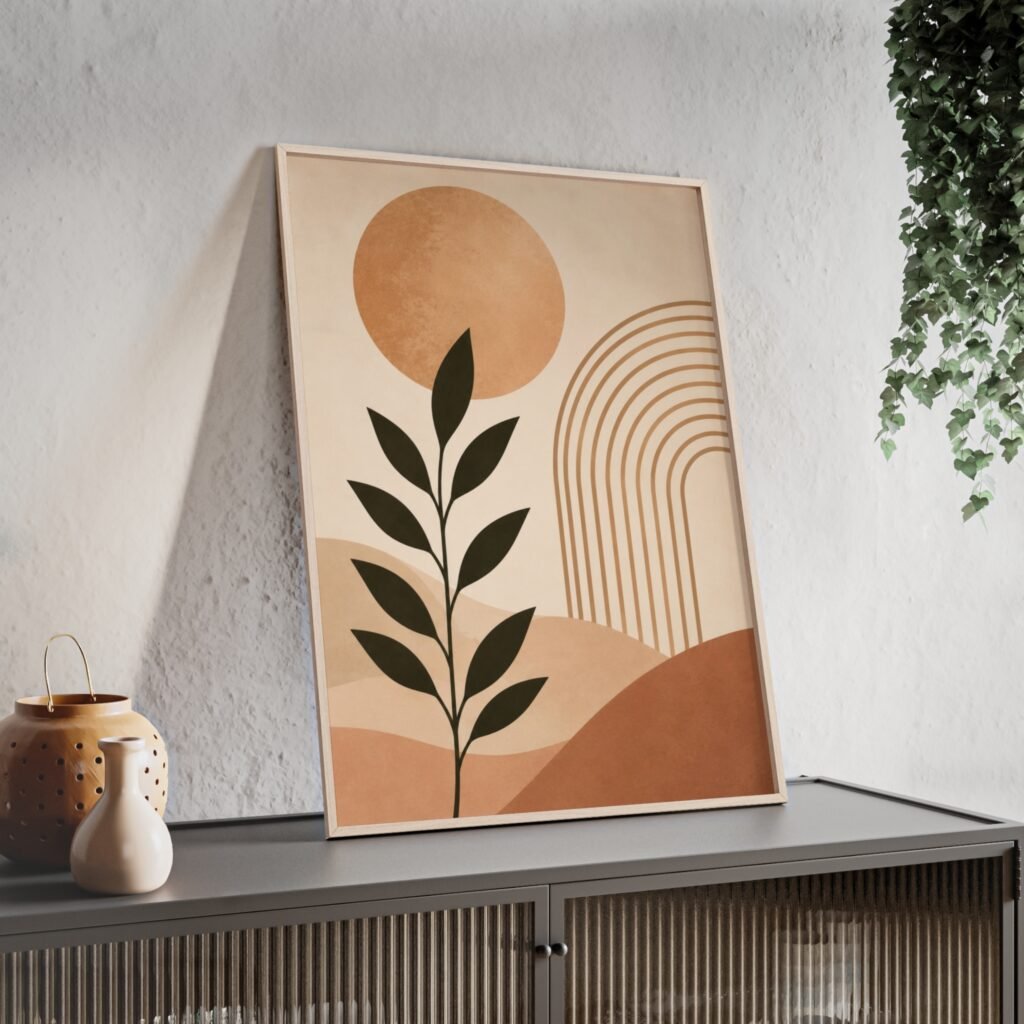Abstract Boho Sun & Leaf Poster — Framed Wooden Wall Art