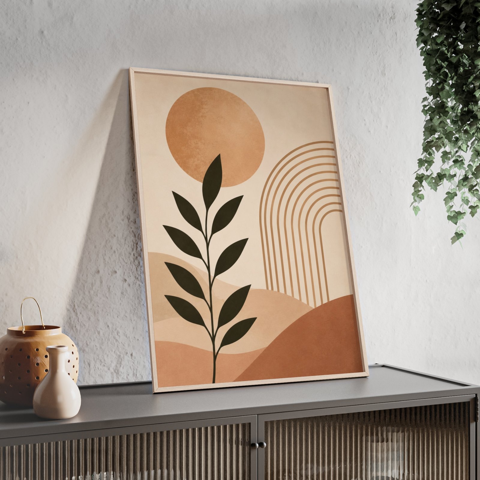Abstract Boho Sun & Leaf Poster — Framed Wooden Wall Art - Image 3