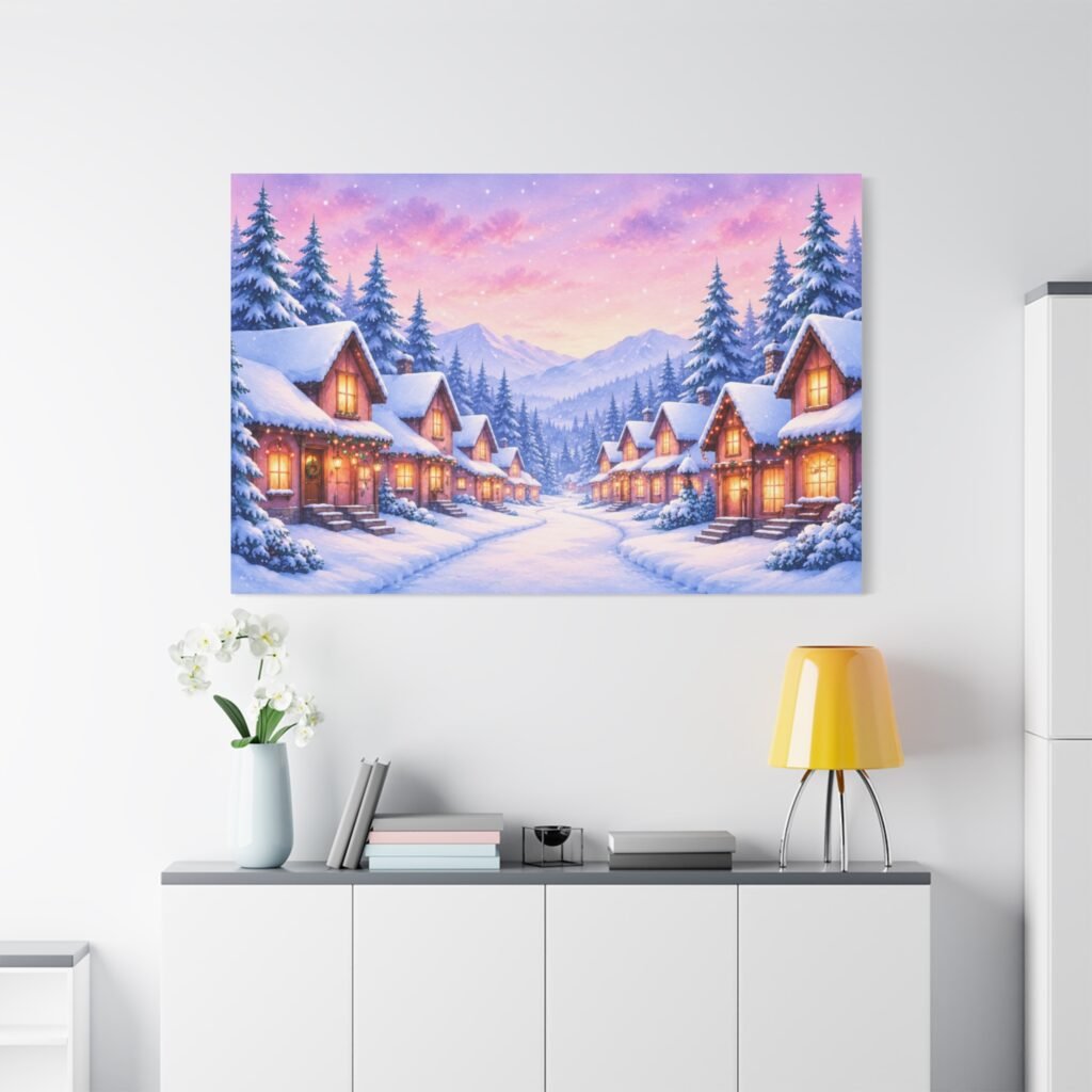 Winter Village Canvas Print — Snowy Cabin Holiday Wall Art