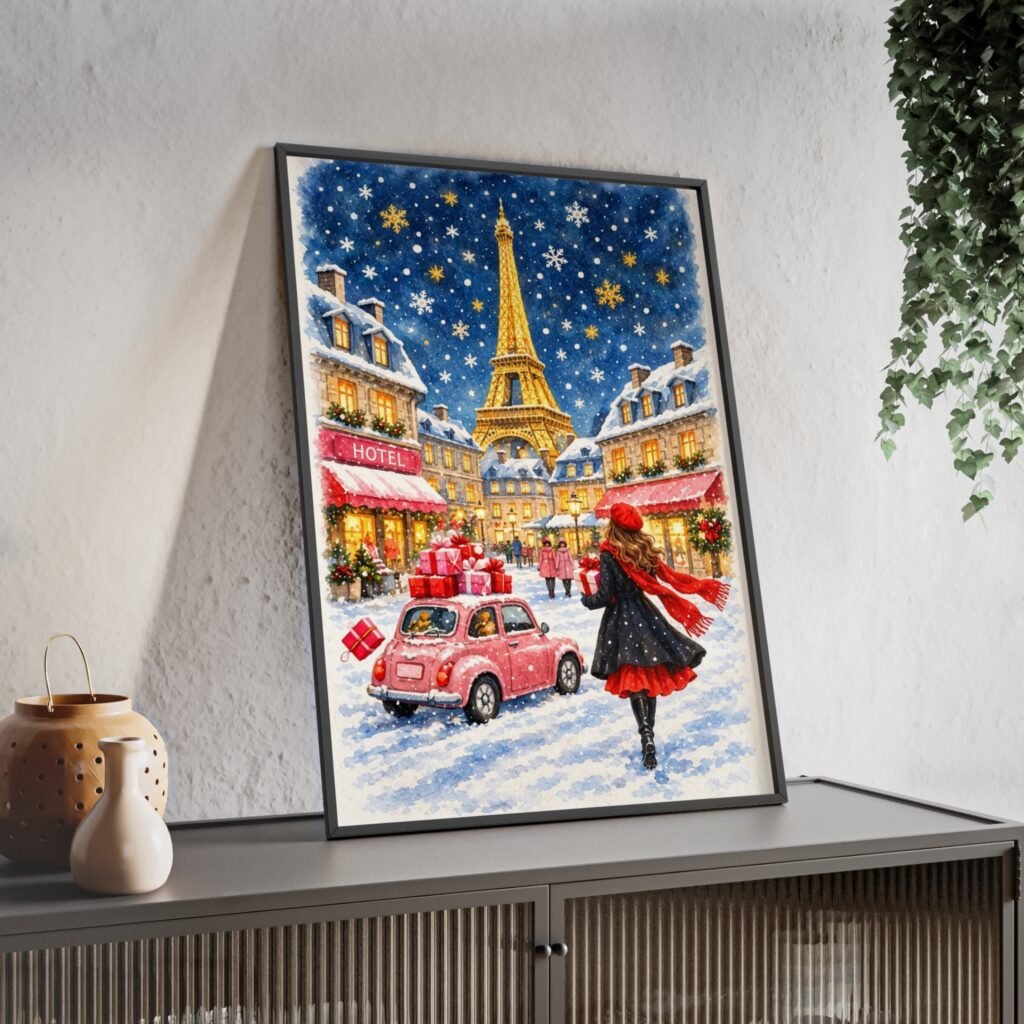 Paris Winter Holiday Poster with Wooden Frame — Eiffel Tower Christmas Street Scene