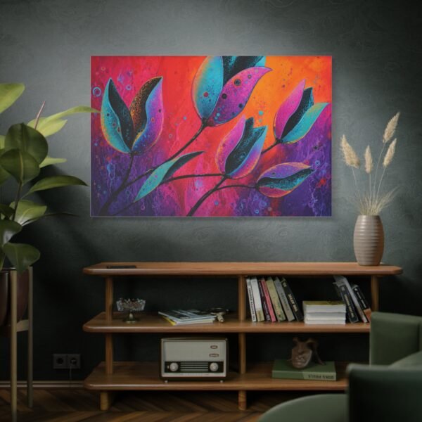 Abstract Floral Canvas Print — Vibrant Teal & Fuchsia Leaves on Sunset Background - Image 5