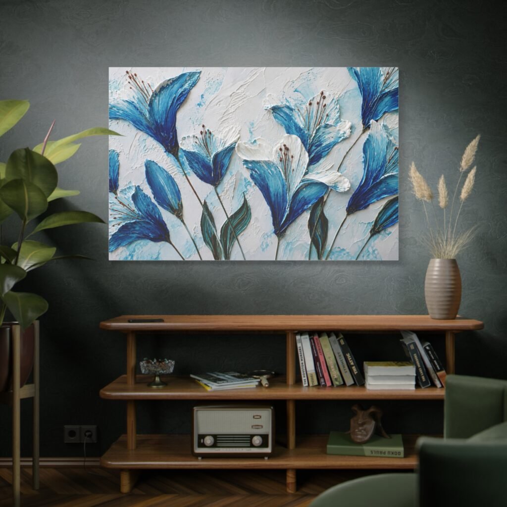 Blue Floral Canvas Wall Art – Textured Stretched Matte Canvas