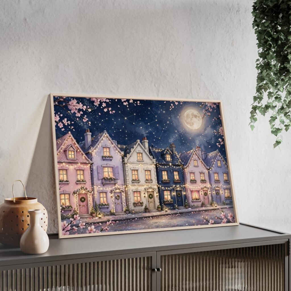 Framed Moonlit Cottage Street Poster — Wooden Frame Wall Art
