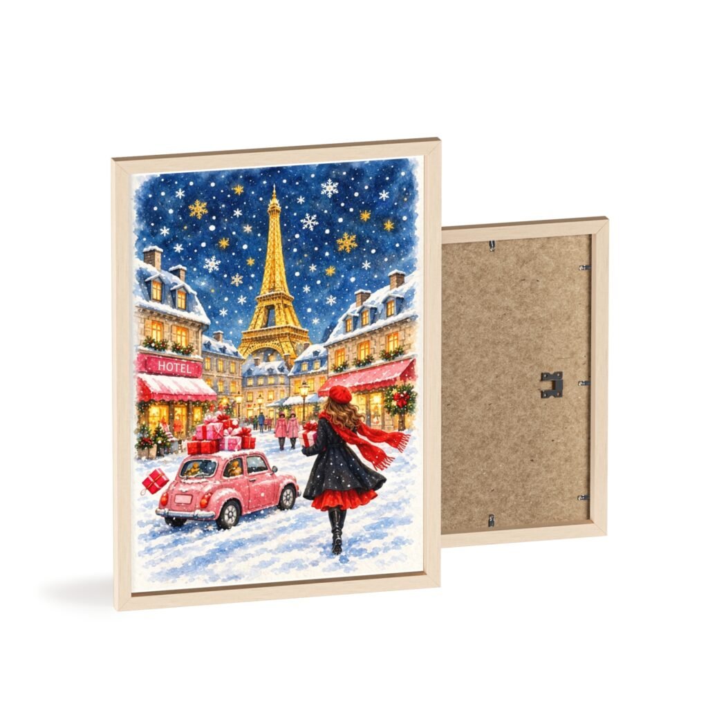 Paris Winter Holiday Poster with Wooden Frame — Eiffel Tower Christmas Street Scene