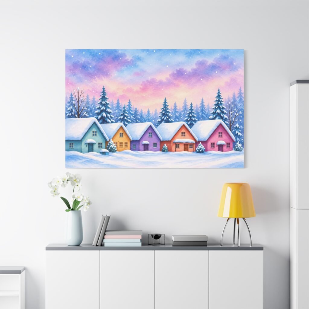 Winter Village Canvas Wall Art — Colorful Snowy Houses Matte Stretched Print