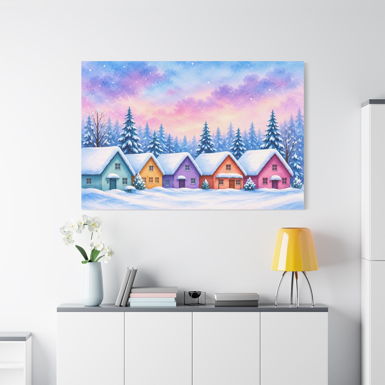Winter Village Canvas Wall Art — Colorful Snowy Houses Matte Stretched Print - Image 3