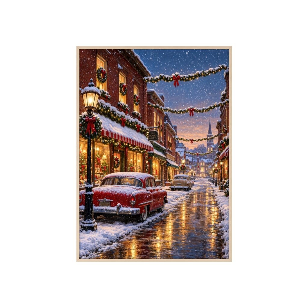 Christmas Snowy Street Poster with Wooden Frame – Vintage Holiday Wall Art