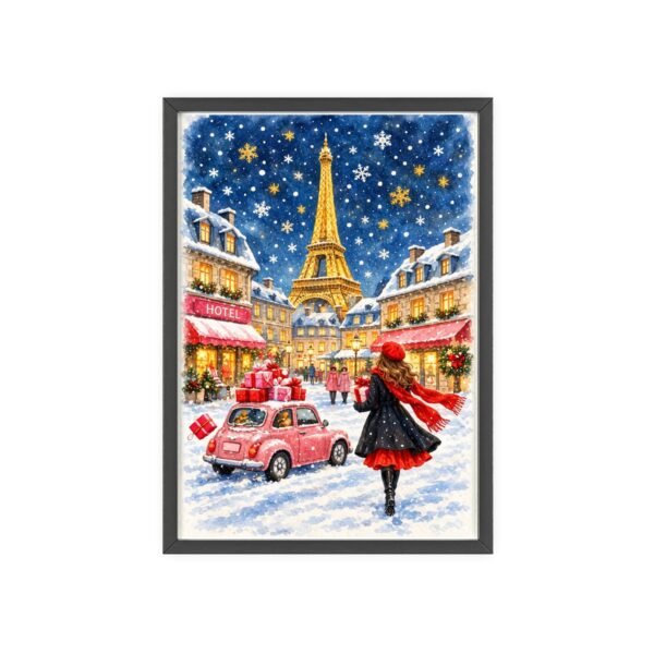 Paris Winter Holiday Poster with Wooden Frame — Eiffel Tower Christmas Street Scene - Image 101