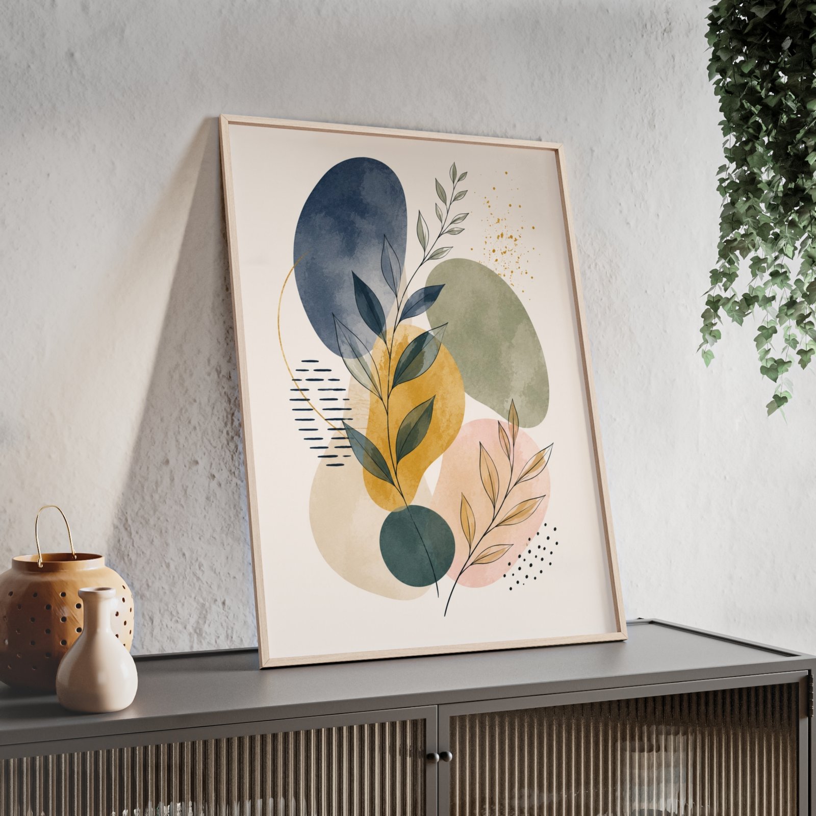 Boho Botanical Poster with Wooden Frame — Neutral Watercolor Wall Art - Image 3
