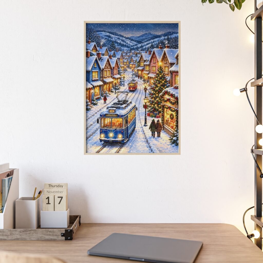 Framed Winter Village Tram Poster — Cozy Snowy Street Holiday Wall Art