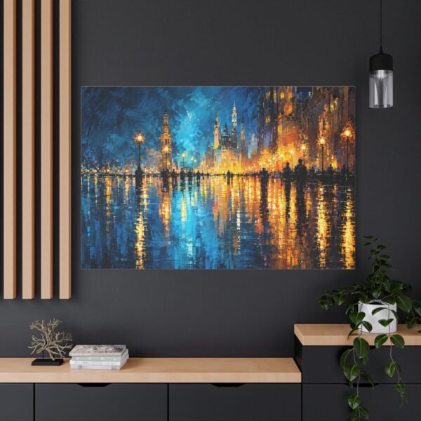 City Lights Abstract Matte Canvas Wall Art — Blue & Gold Stretched Canvas - Image 4