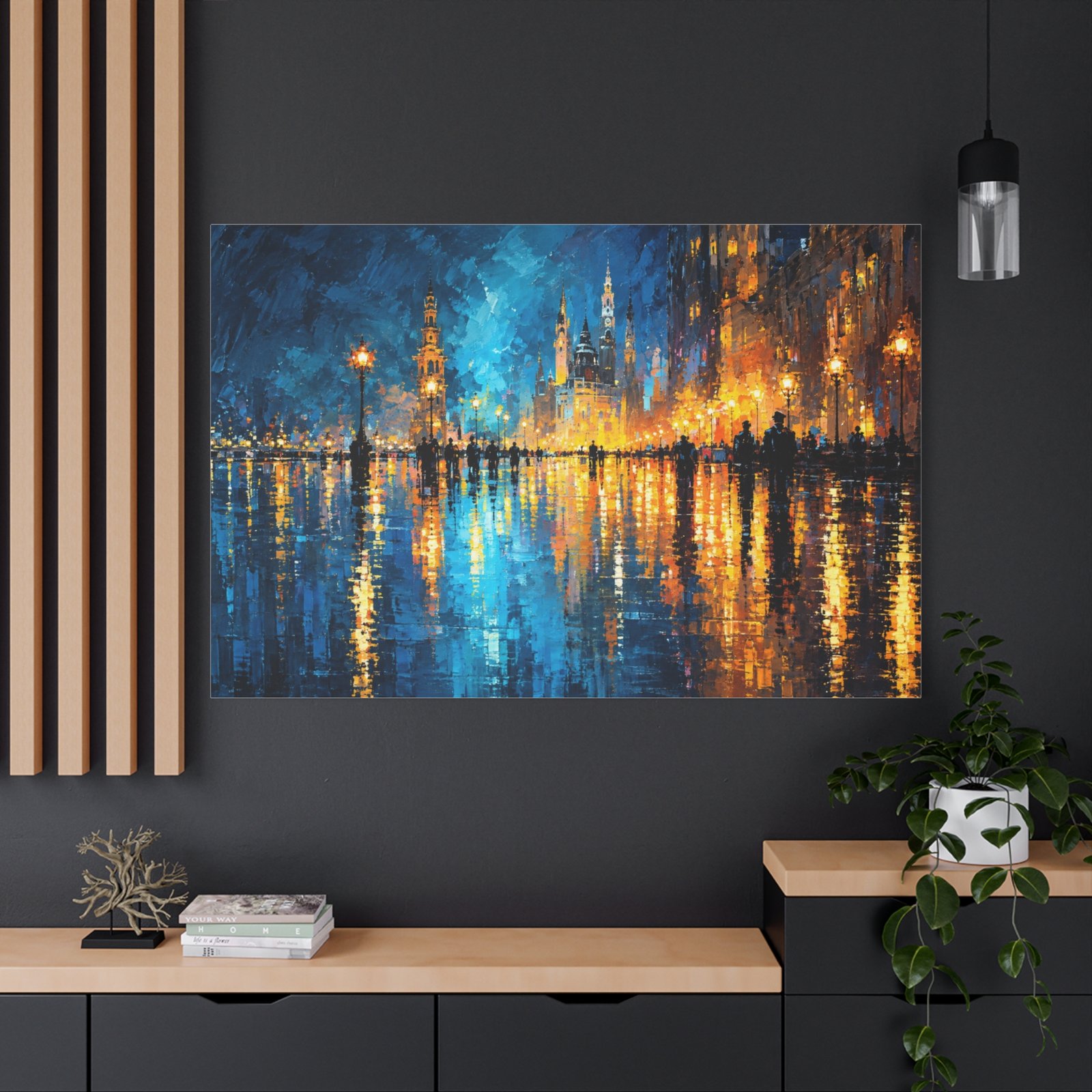 City Lights Abstract Matte Canvas Wall Art — Blue & Gold Stretched Canvas - Image 4
