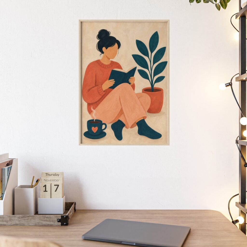 Cozy Reading Poster with Wooden Frame — Woman Reading Illustration Wall Art