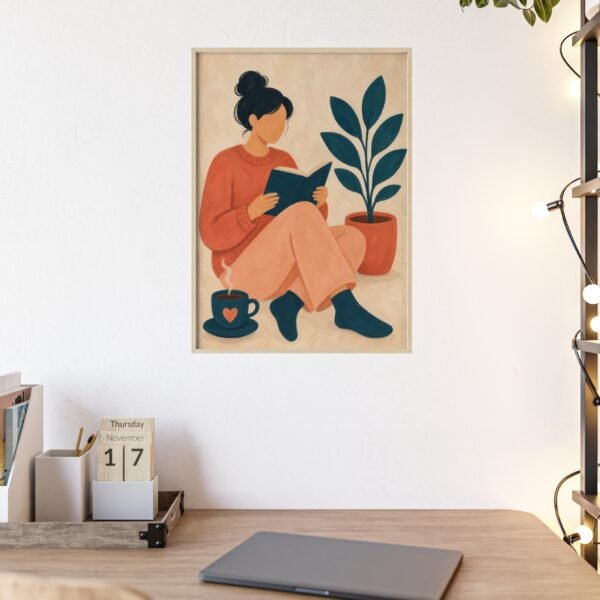 Cozy Reading Poster with Wooden Frame — Woman Reading Illustration Wall Art - Image 3