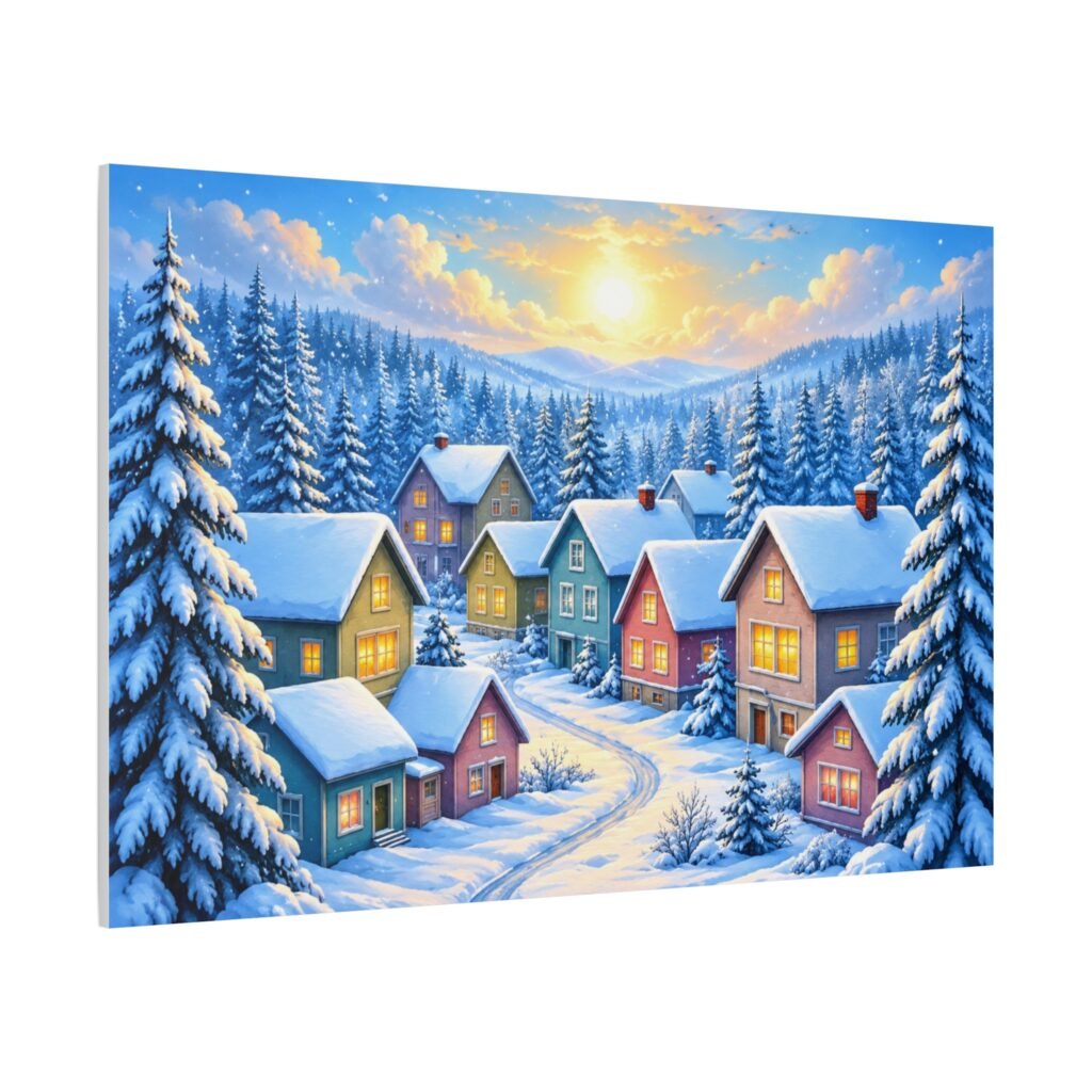 Winter Village Matte Canvas Wall Art — Snowy Cabin Holiday Landscape