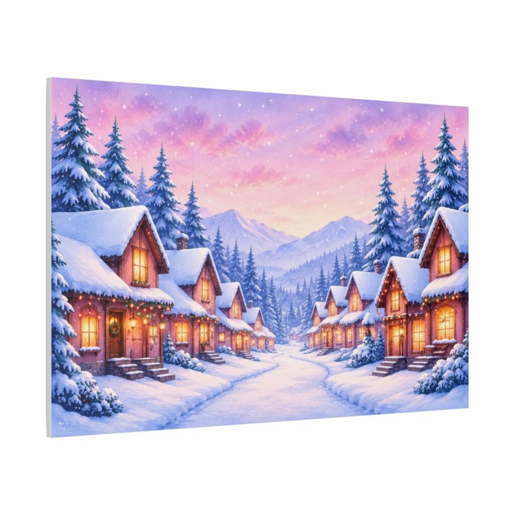 Winter Village Canvas Print — Snowy Cabin Holiday Wall Art