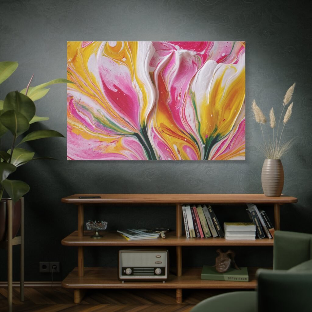 Abstract Floral Pour Art Matte Canvas Print — Pink & Yellow Stretched Wall Art