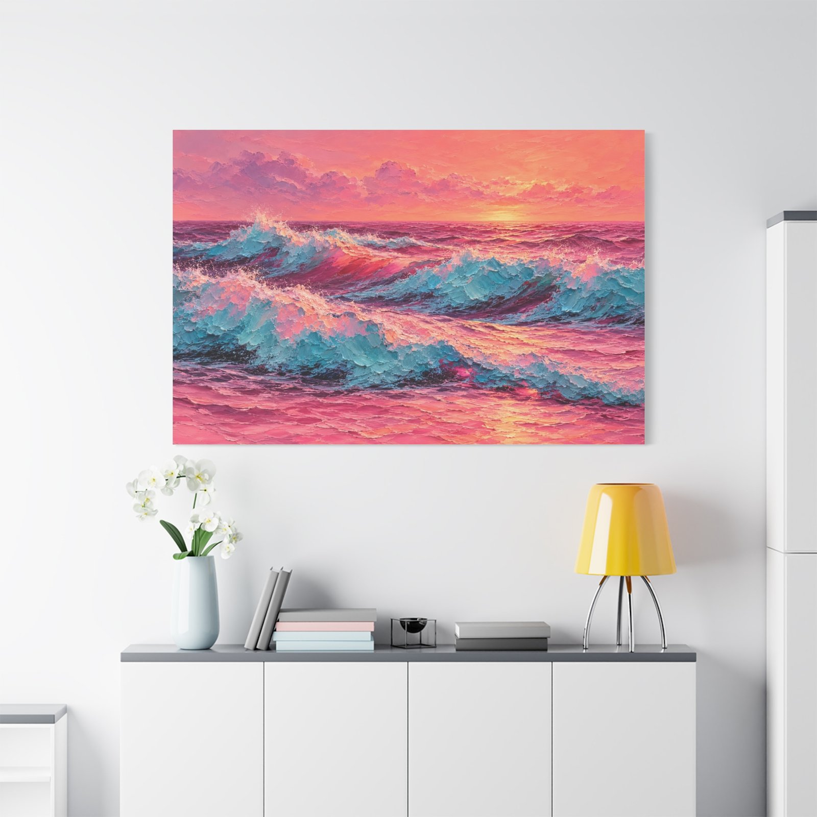 Pink Sunset Ocean Waves Matte Canvas Wall Art — Stretched 1.25" - Image 3